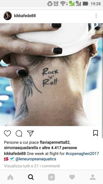 Europei di Copenaghen in arrivo. Federica Pellegrini  bella carica: ha postato cos il suo messaggio, ricordando il tatuaggio fatto prima di Kazan 2015: Rock &#39;n Roll